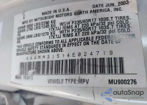 2004 Mitsubishi Endeavor Xls from USA, damaged, VIN 4A4MM31S14E024719
